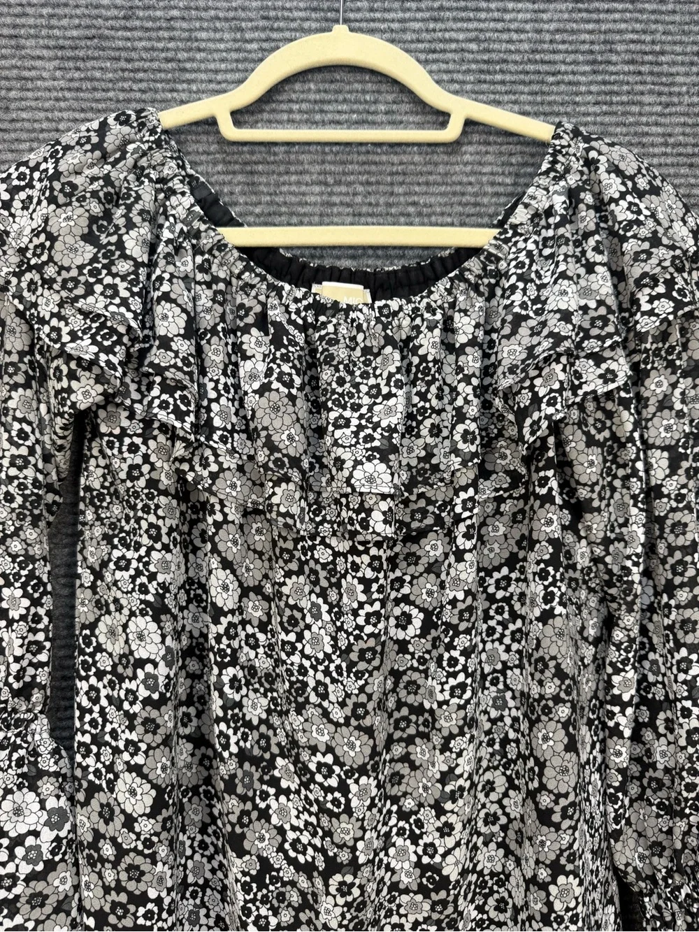 Michael Kors Womens Medium Off Shoulder Floral Blouse Bell Sleeve Lined Black